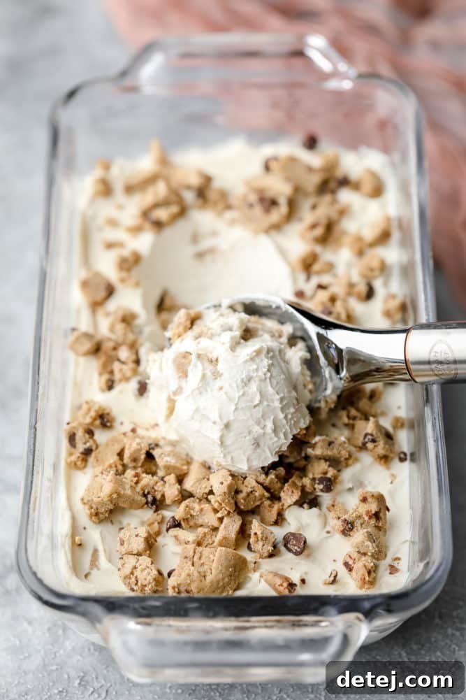 A glass loaf dish filled with scoops of creamy dairy-free ice cream, generously studded with vegan cookie dough, with an ice cream scooper resting alongside.