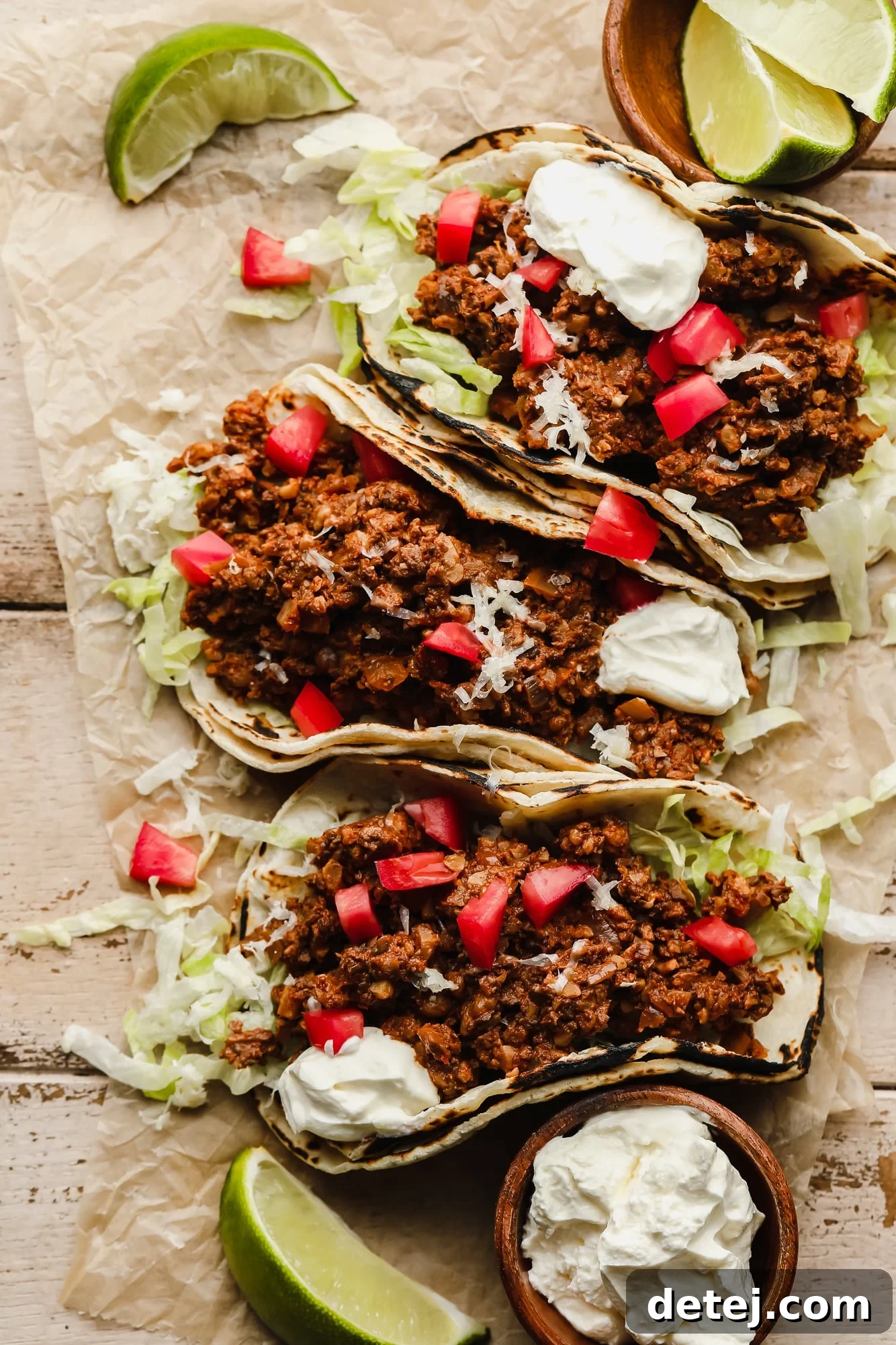 Your New Favorite Vegan Tacos 2 Three beautifully assembled vegan tacos lined up, showcasing the rich mushroom and walnut 'meat' filling topped with fresh ingredients.