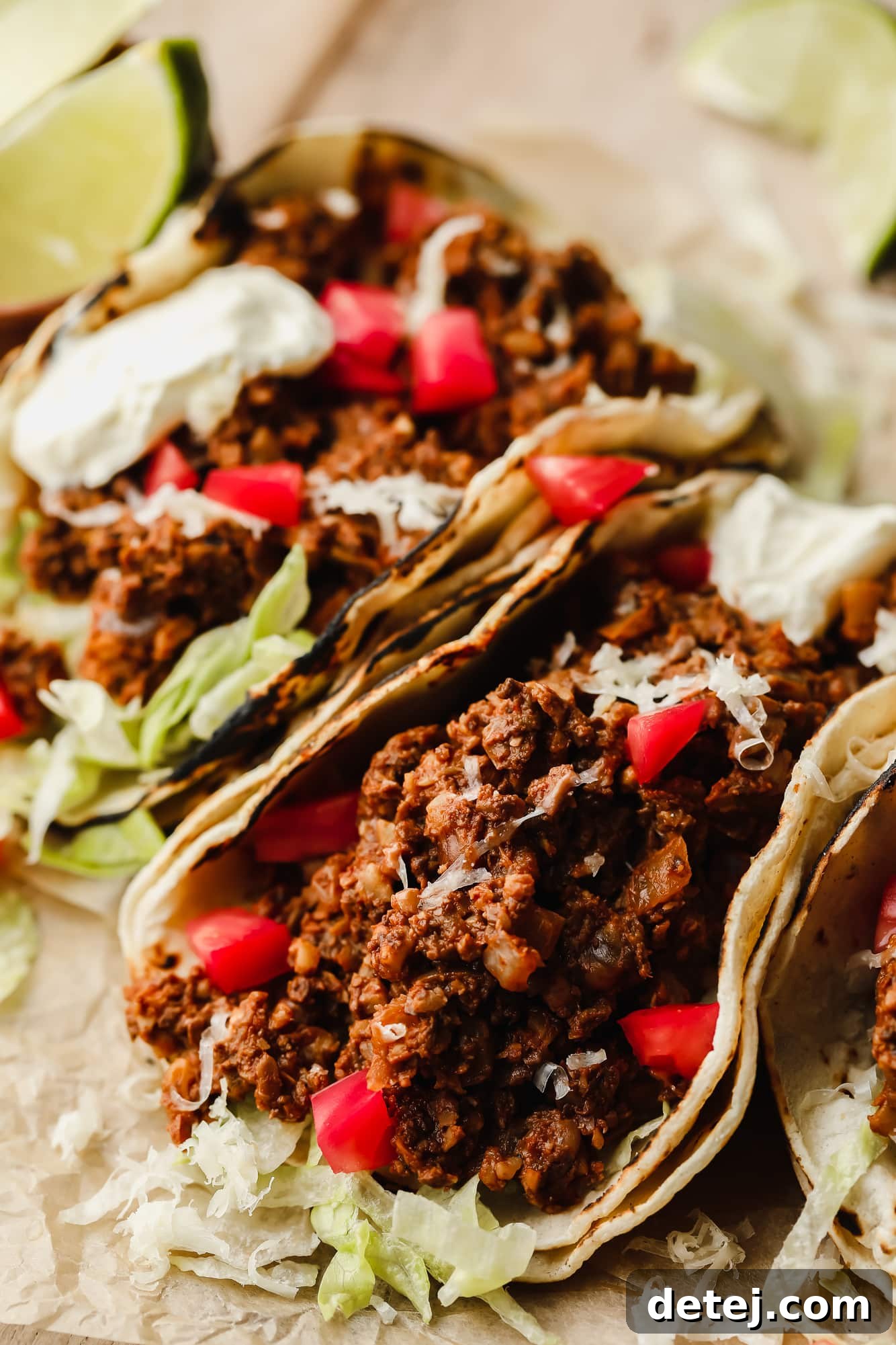 Your New Favorite Vegan Tacos 7 Close-up view of two delicious vegan tacos filled with savory walnut mushroom meat, topped with fresh diced tomatoes and shredded lettuce, ready to eat.