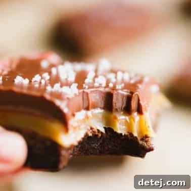 A bite-sized portion of a vegan salted caramel brownie, showcasing the distinct layers of rich chocolate brownie, gooey caramel, and smooth chocolate ganache, all topped with a sprinkle of sea salt. This image perfectly captures the irresistible texture and flavor of the dessert.