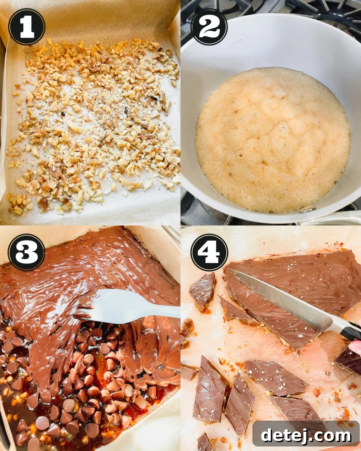 A visual step-by-step guide showing the process of making vegan toffee, from combining ingredients to spreading chocolate.