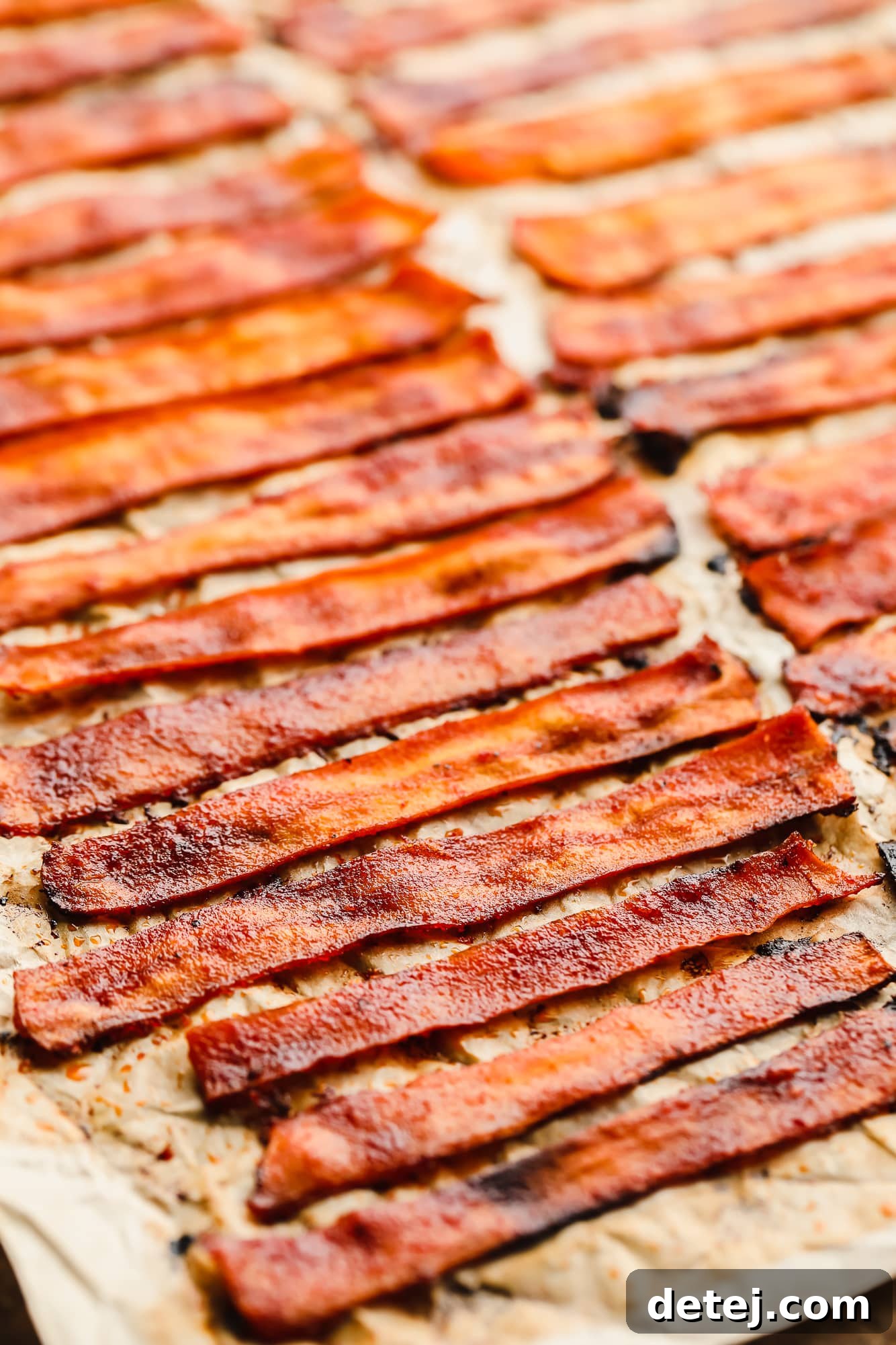 close up on strips of vegan bacon laying on a parchment-lined baking sheet.