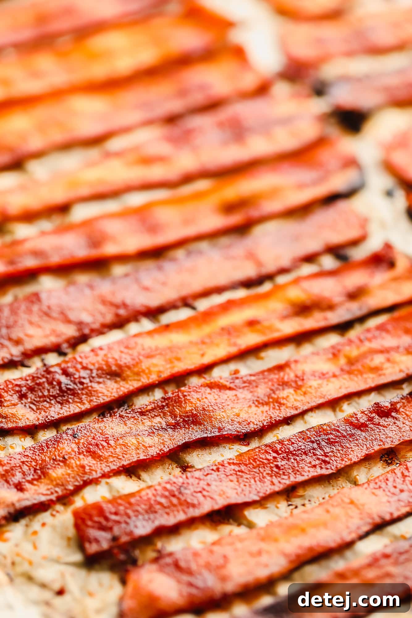 close up on strips of vegan bacon laying on a parchment-lined baking sheet.