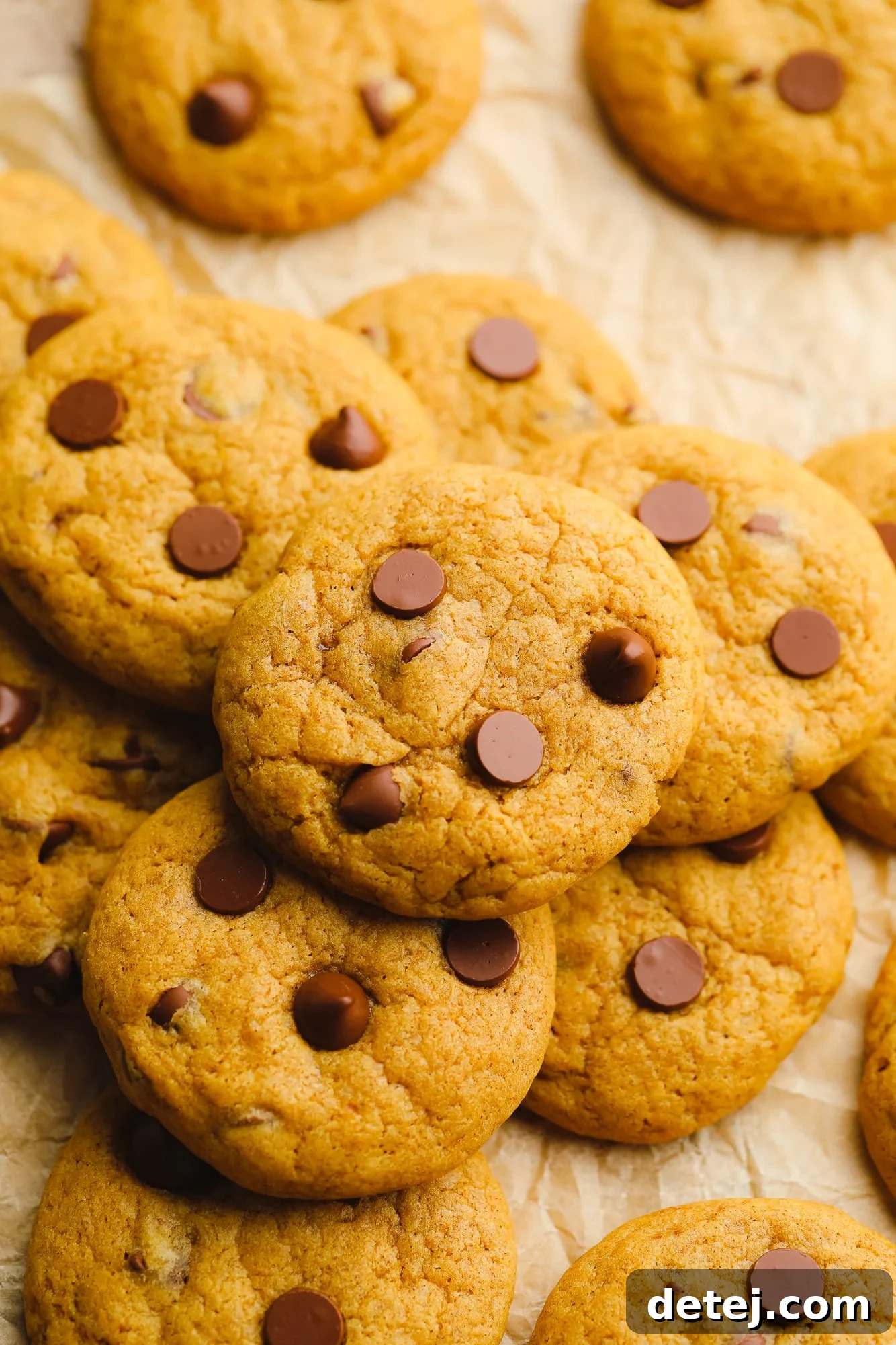 close up on a pile of pumpkin chocolate chip cookies.