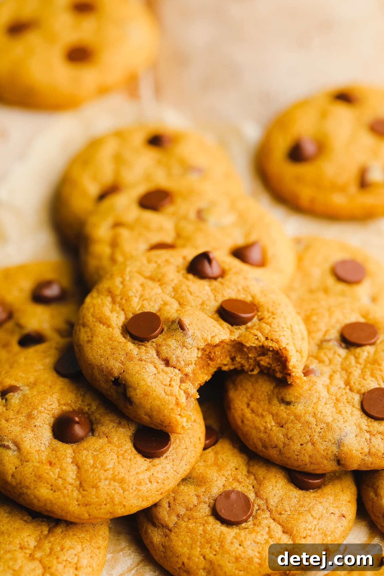 a Pumpkin Chocolate Chip Cookie with a bite taken out of it.