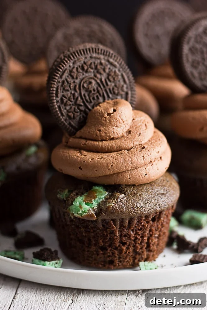 A perfectly frosted vegan mint chocolate Oreo cupcake, viewed straight on, featuring a luscious green frosting swirl and a whole Oreo cookie on top. It's a festive and inviting treat.