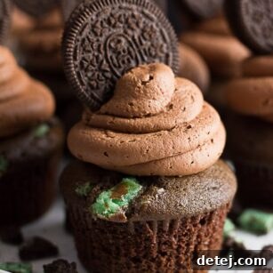 looking straight on a oreo mint cupcake