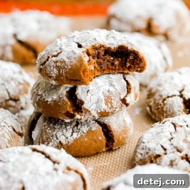 Close up of a ginger crinkle cookie with a bite taken out, resting on two other cookies.