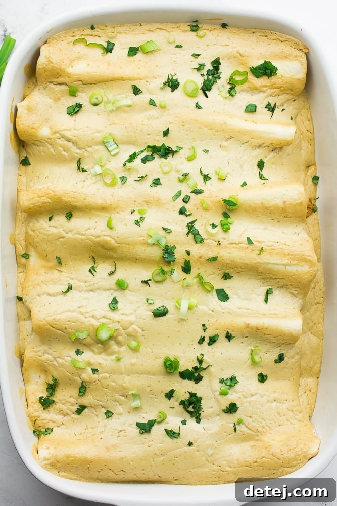 Looking down on a pan of vibrant dairy-free sour cream enchiladas topped with fresh green onions and cilantro.