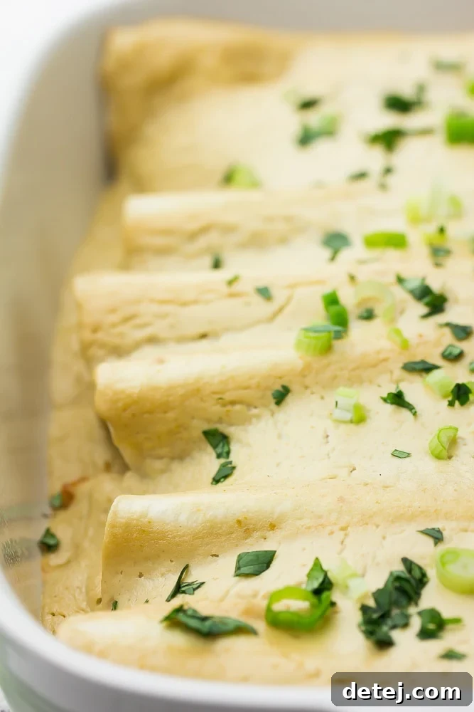A close-up side view of creamy white enchiladas baked to perfection in a casserole dish.