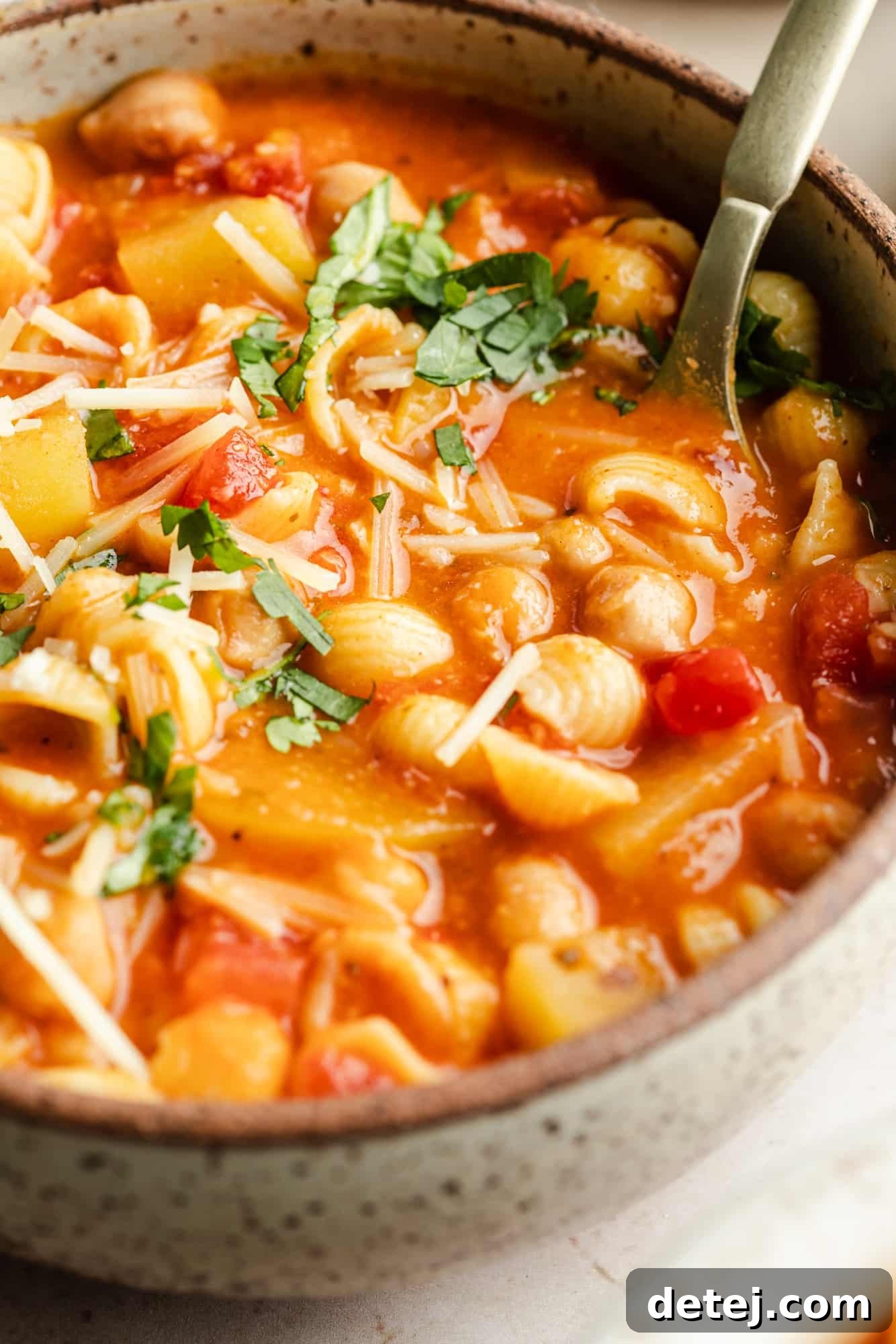 Close-up of a bowl of Italian chickpea soup, garnished with fresh parsley and vegan parmesan, highlighting its rich, inviting texture.