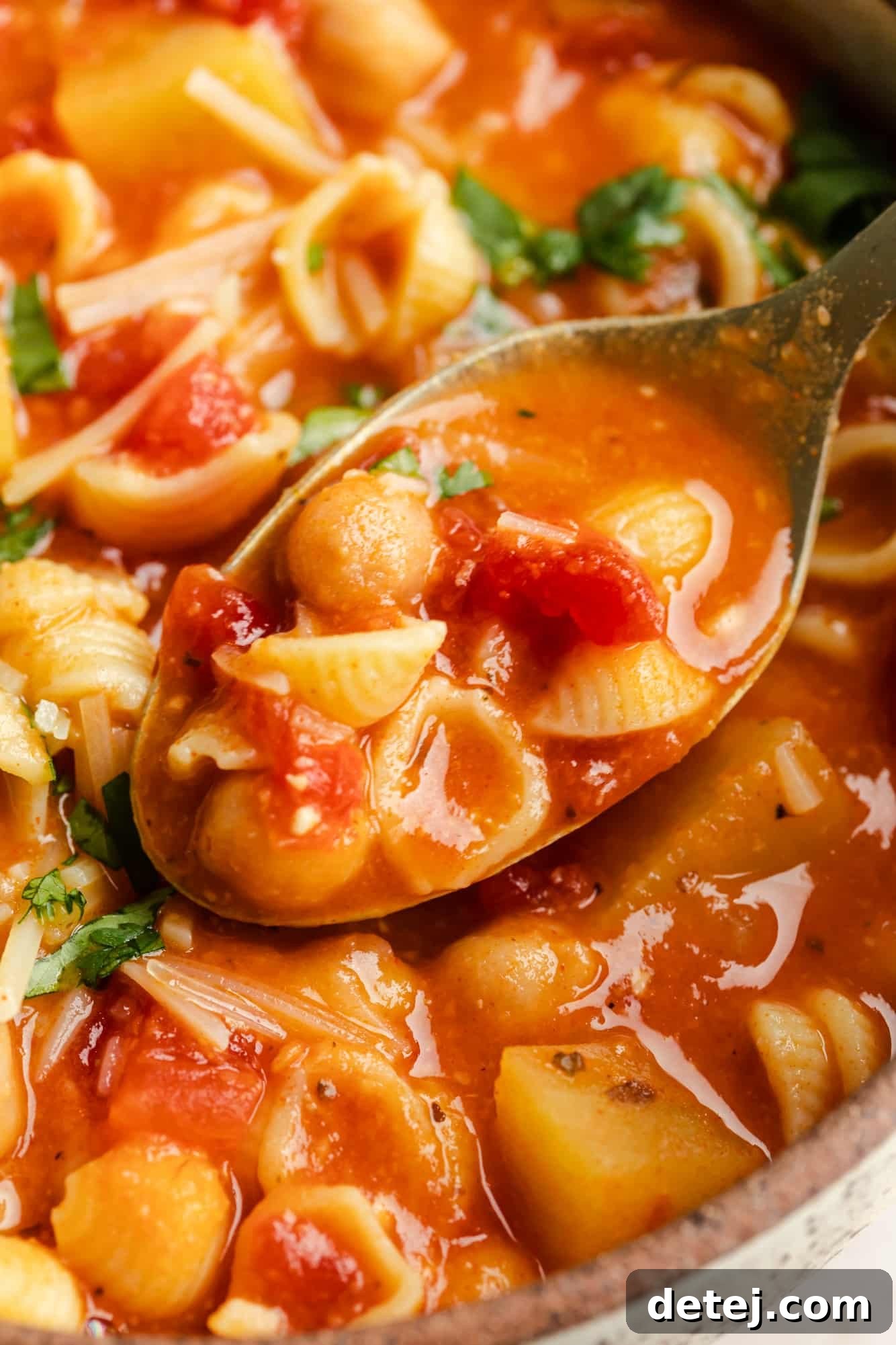 Close-up view of a spoonful of Italian chickpea soup, highlighting the tender chickpeas, potatoes, and pasta in a rich broth.