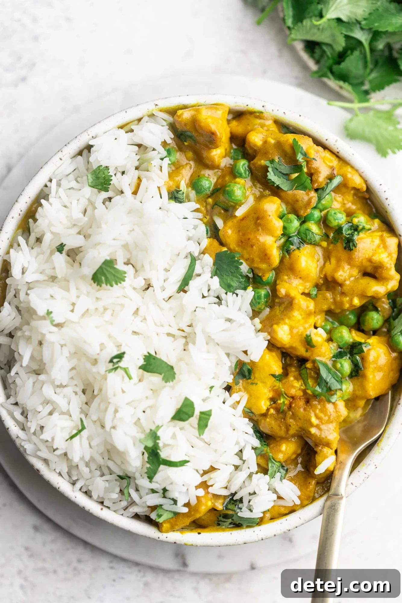 tofu curry and white rice in a white bowl.