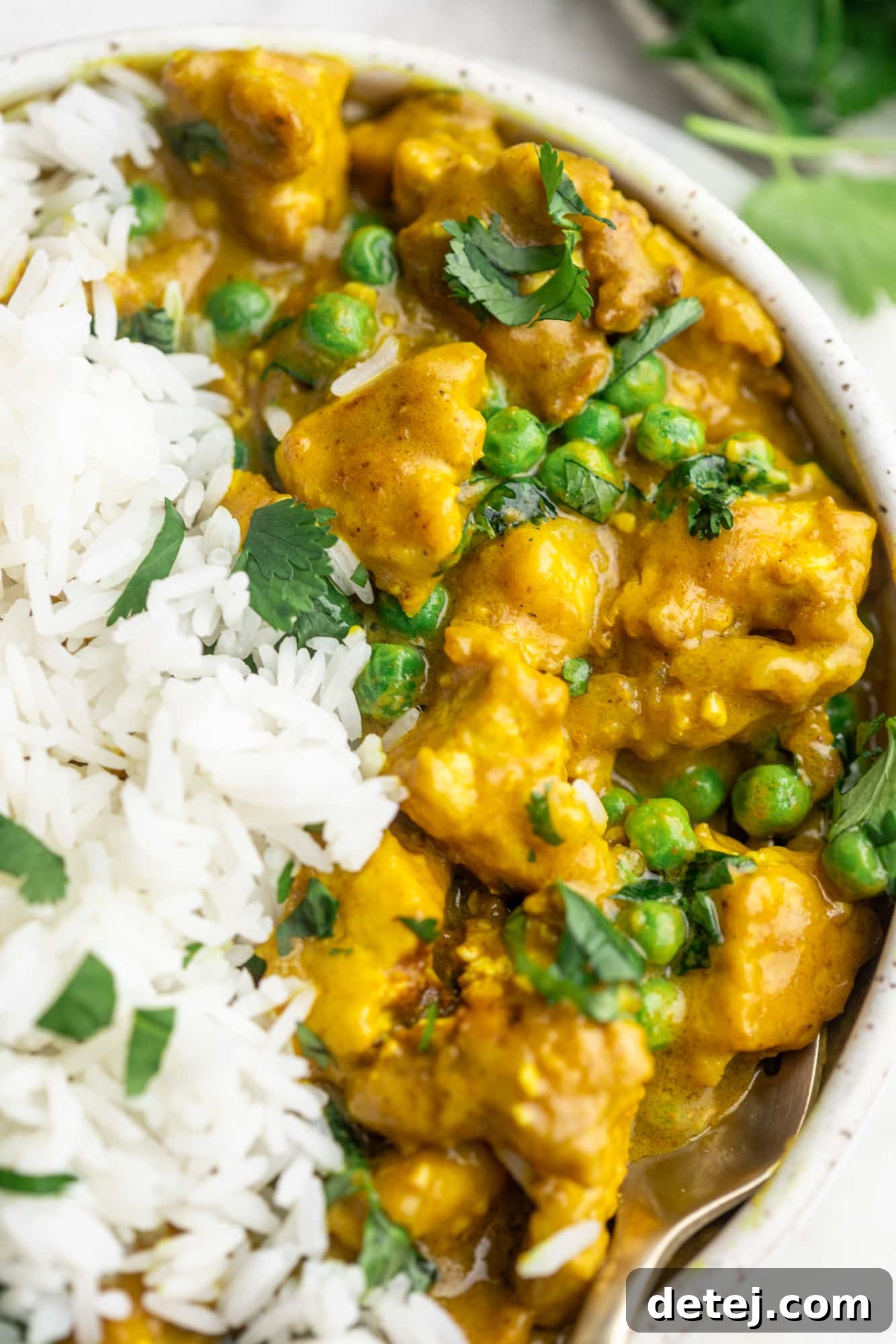 close up on tofu curry and white rice in a white bowl.