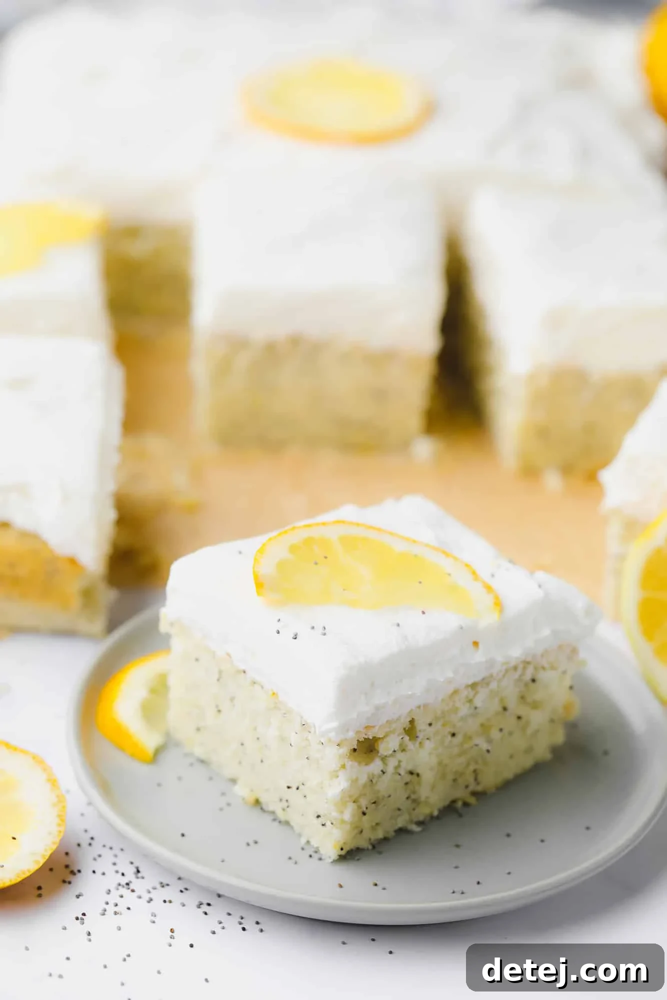 A single, perfectly cut slice of vegan lemon poppyseed cake, featuring a fluffy texture and creamy white icing, resting on a small grey plate.