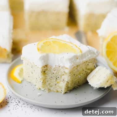 a piece of vegan lemon poppyseed cake on a small grey plate.
