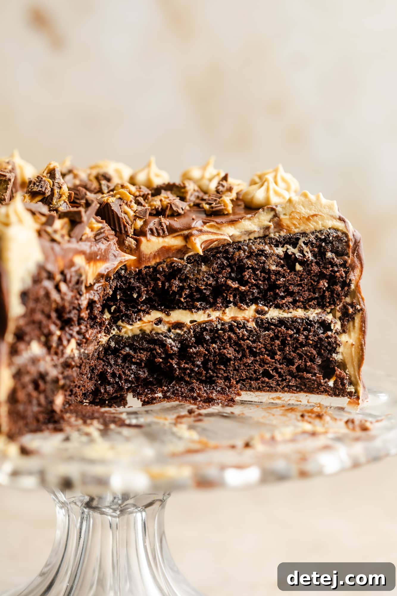 Decadent Chocolate Peanut Butter Dream 3 chocolate peanut butter cake with slices missing on a glass cake plate.