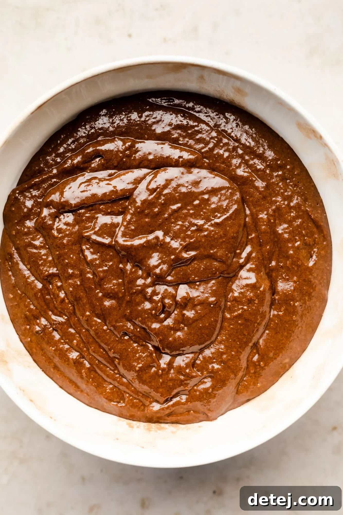 Decadent Chocolate Peanut Butter Dream 6 chocolate cake batter in a large white bowl.