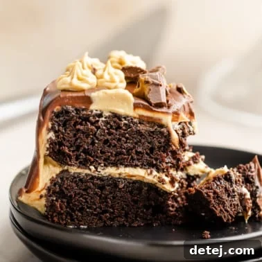 Decadent Chocolate Peanut Butter Dream 10 close up on a slice of chocolate peanut butter cake on a black plate.