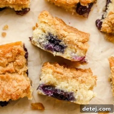 small slices of blueberry coffee cake turned on their sides.