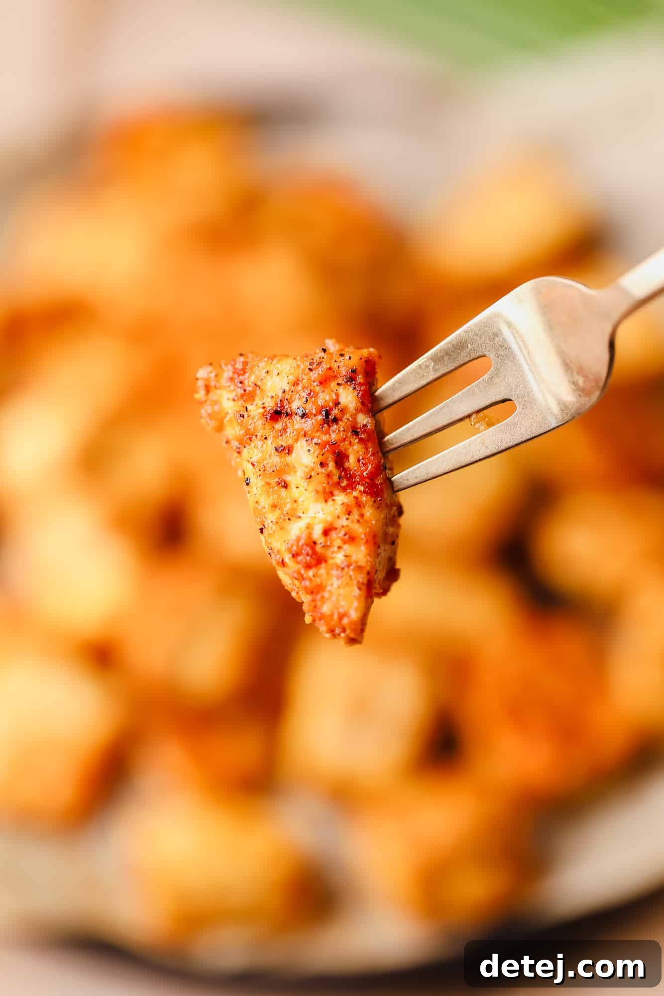 close up on a piece of crispy baked tofu on a metal fork.
