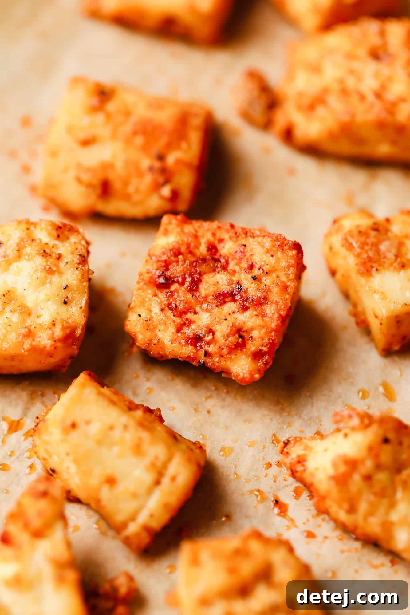 close up on pieces of baked tofu on a baking sheet.