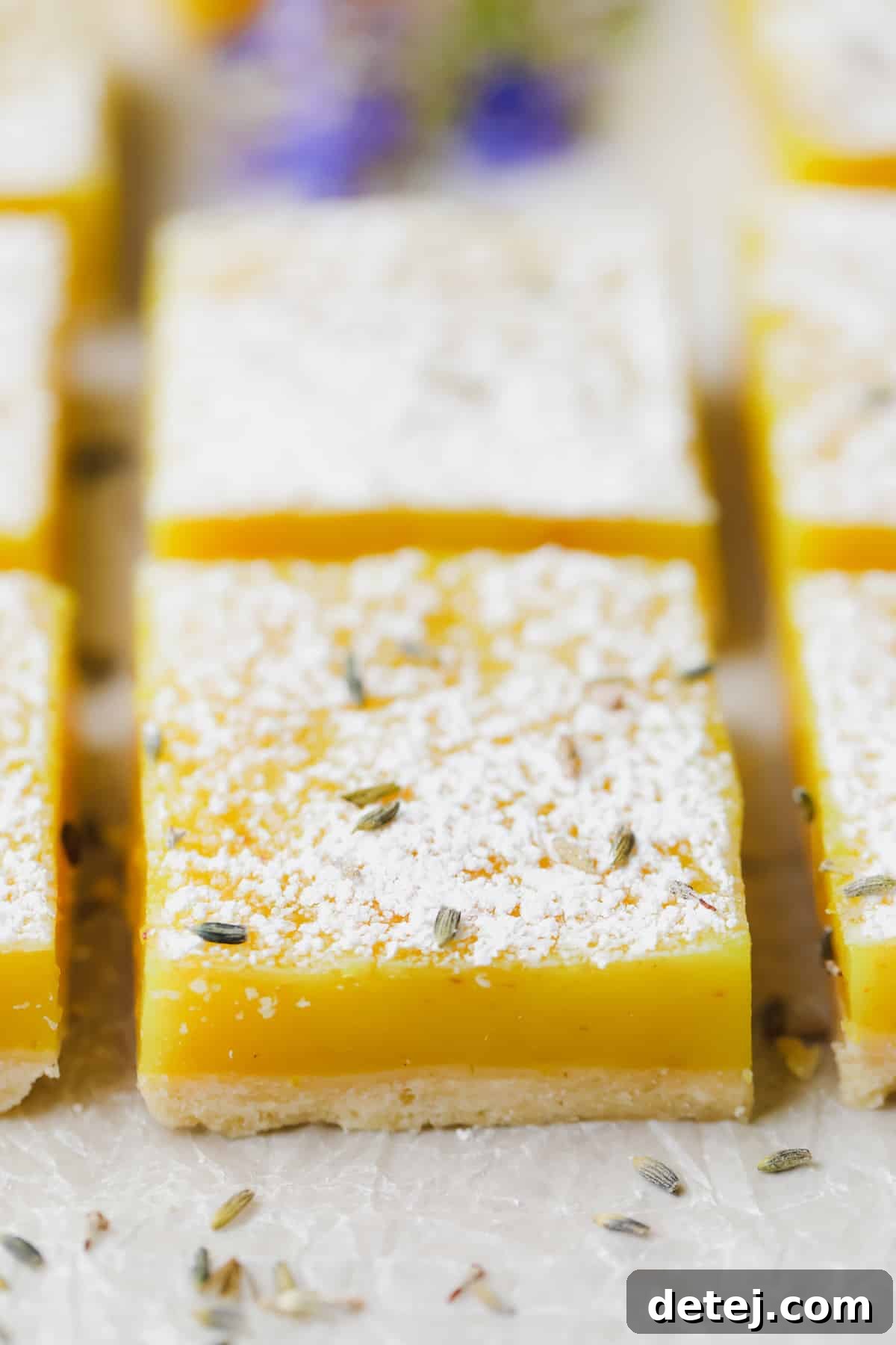 A close-up shot of a single perfectly sliced lavender lemon bar, showcasing its vibrant yellow filling and golden crust, with more neatly arranged bars visible in the softly blurred background.