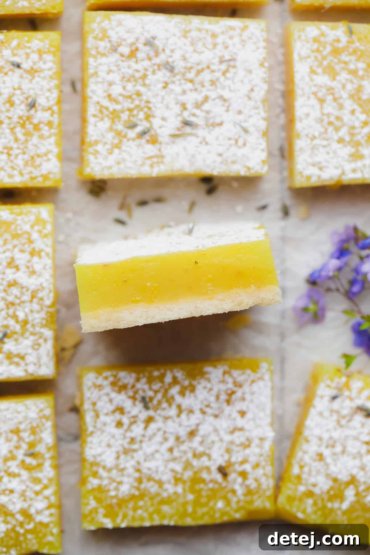 An overhead view of several finished vegan lavender lemon bars arranged on a white surface, most lying flat, with one turned on its side to display the layers, dusted with powdered sugar.