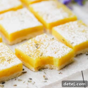 square image of several lemon bars with lavender flakes on parchment paper