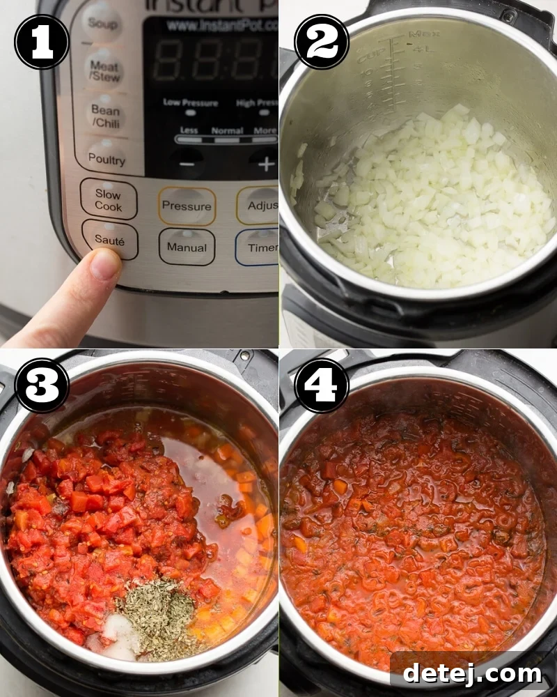 collage of step-by-step photos showing how to make Instant Pot tomato soup