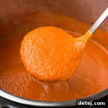 square image of ladle picking up soup from instant pot
