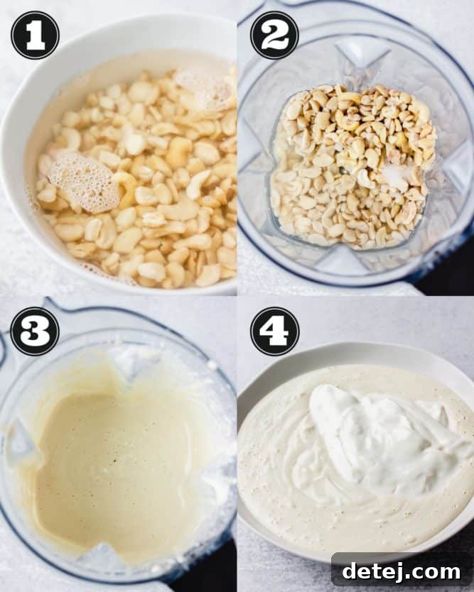 collage showing soaking cashews in water, blending and stirring with yogurt