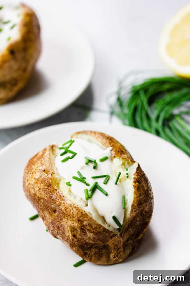 two baked potatoes with sour cream and chives, white background