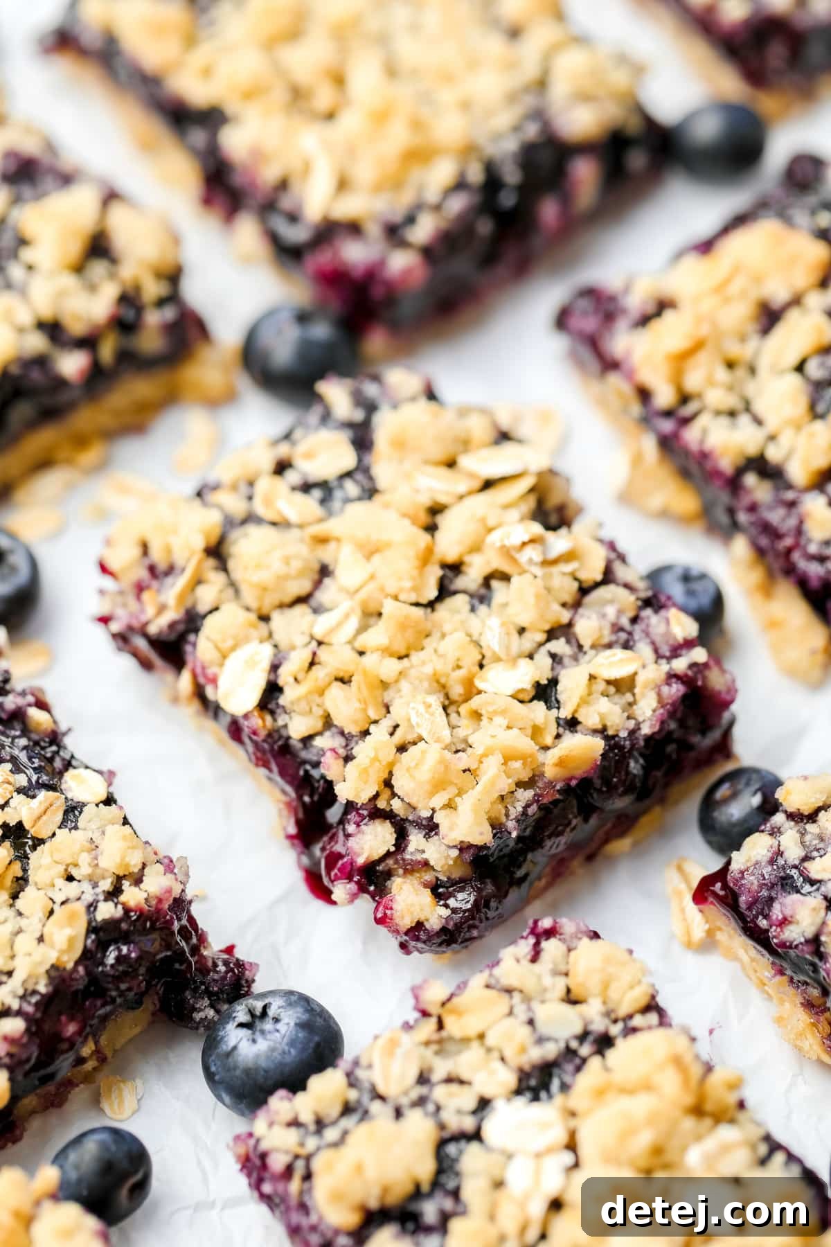 A row of multiple beautifully arranged vegan fruit bars with blueberry filling and crumb topping on a clean white background.