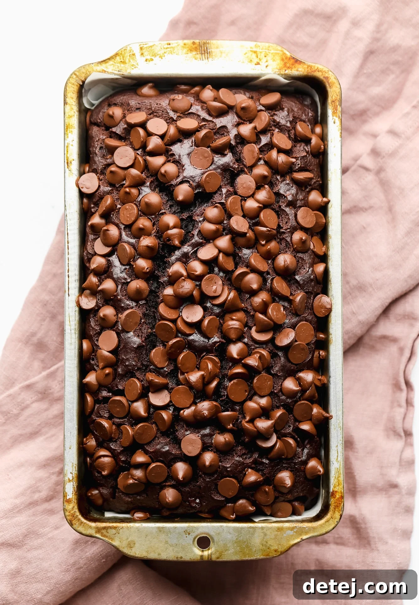 chocolate chip-topped chocolate banana bread in a loaf pan, fresh from the oven.