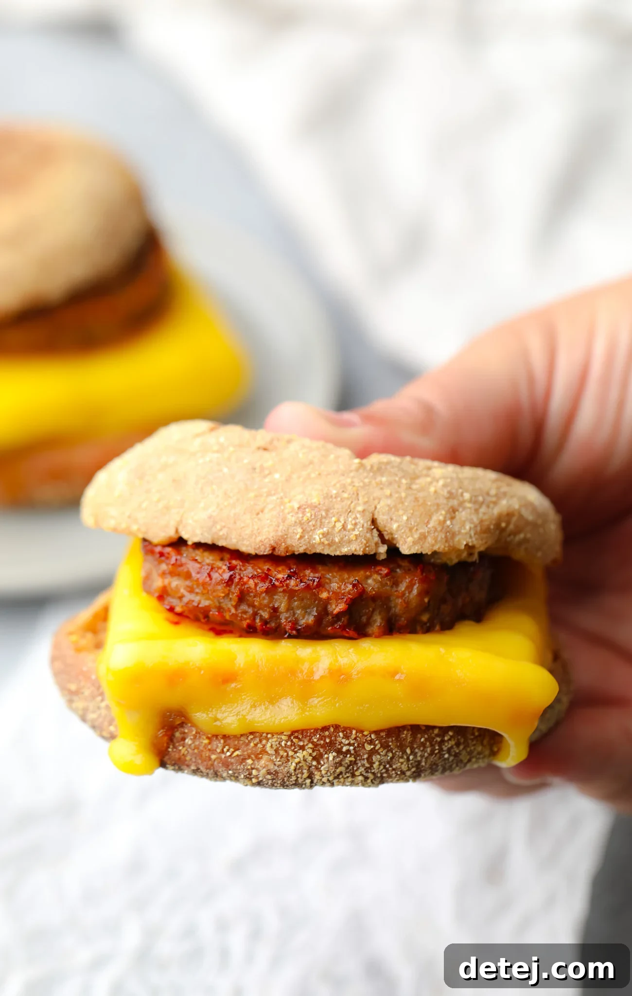 Close up on a woman's hand holding a hearty vegan breakfast sandwich, showcasing its delicious layers.
