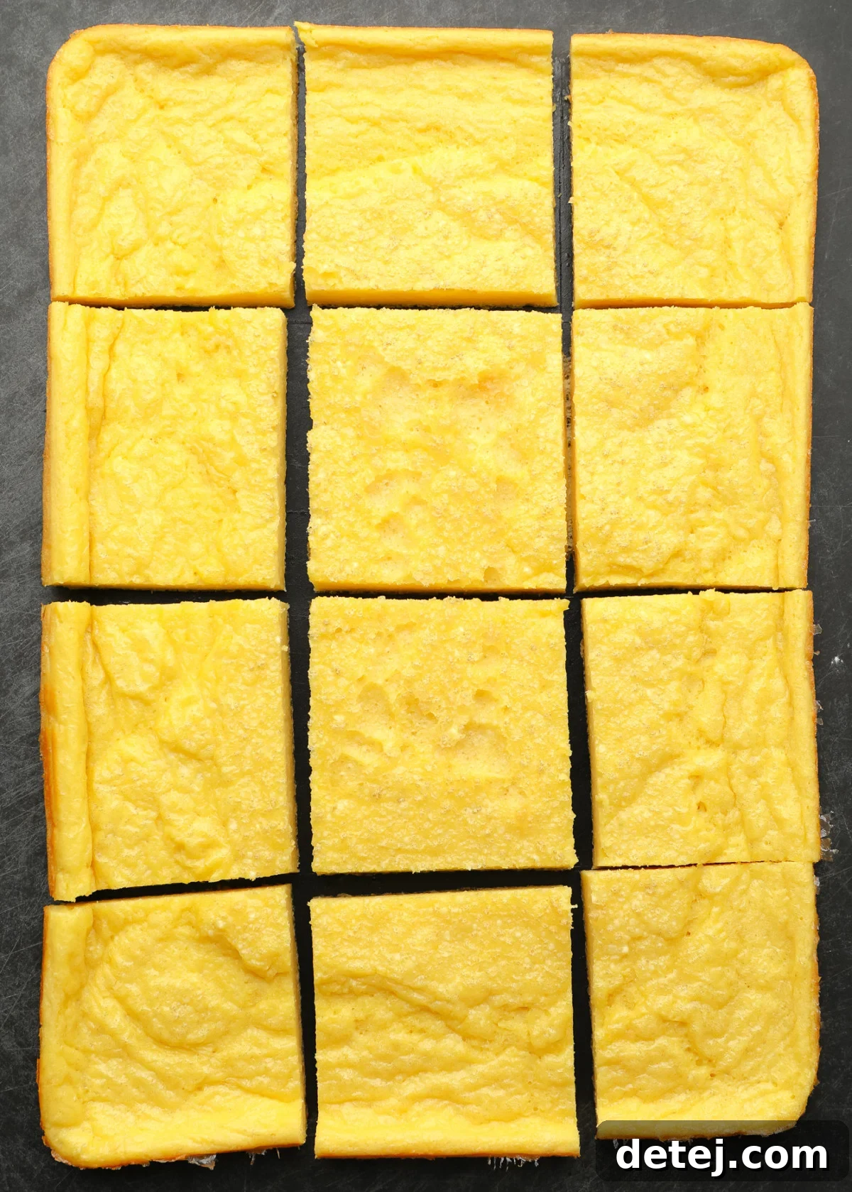 Delicious vegan baked egg patties, freshly cut into uniform squares, ready for assembly.