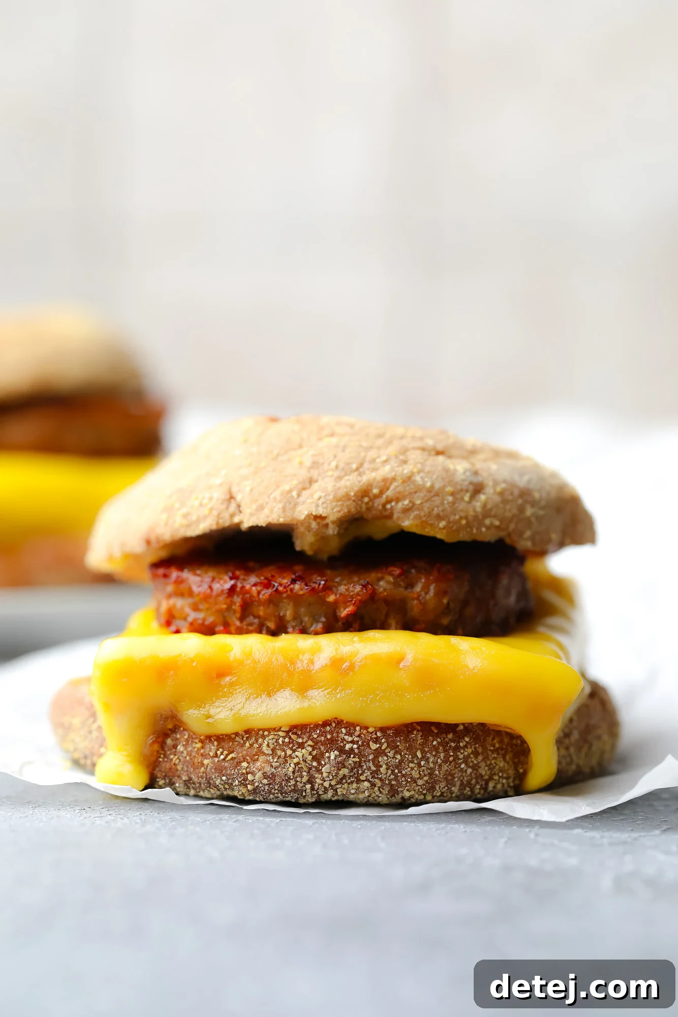 A perfectly assembled vegan breakfast sandwich, wrapped in parchment paper, ready to be enjoyed or frozen.