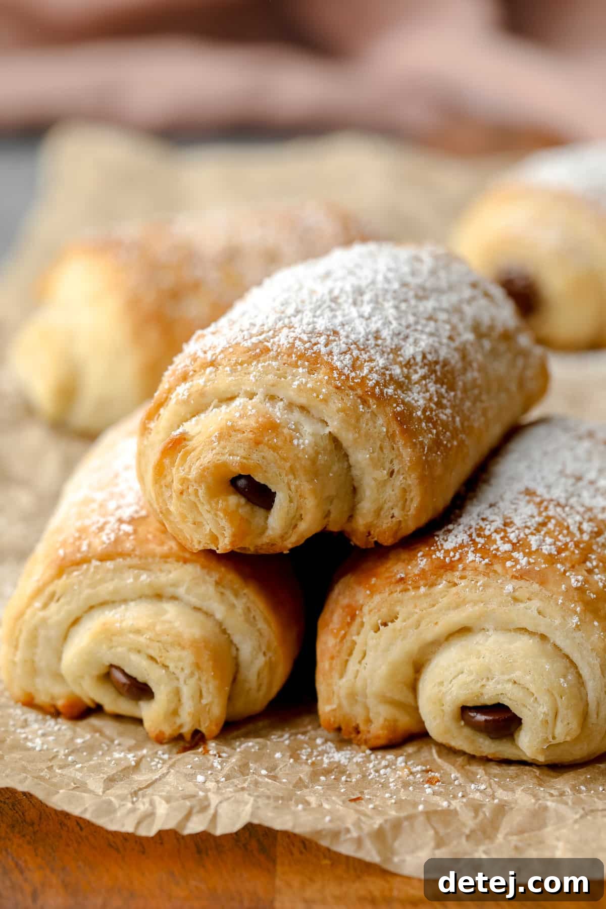Vegan Chocolate Croissant Perfection 2 3 vegan pain au chocolat stacked on crinkly parchment paper with pink towel in background