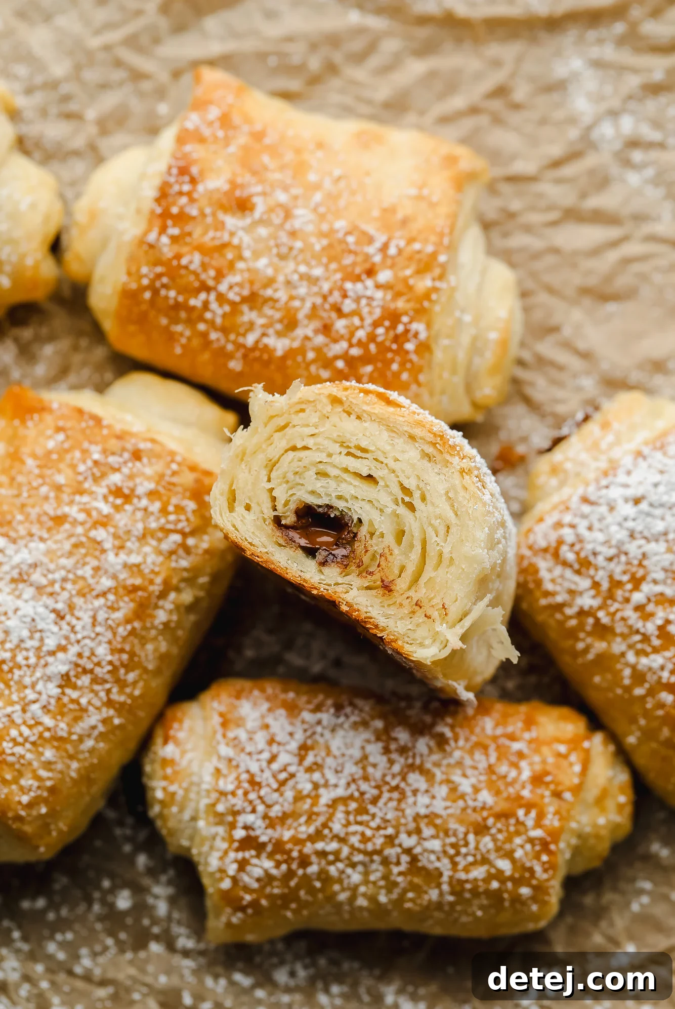 Vegan Chocolate Croissant Perfection 3 cut open vegan pain au chocolat showing flaky layers on parchment crinkle paper