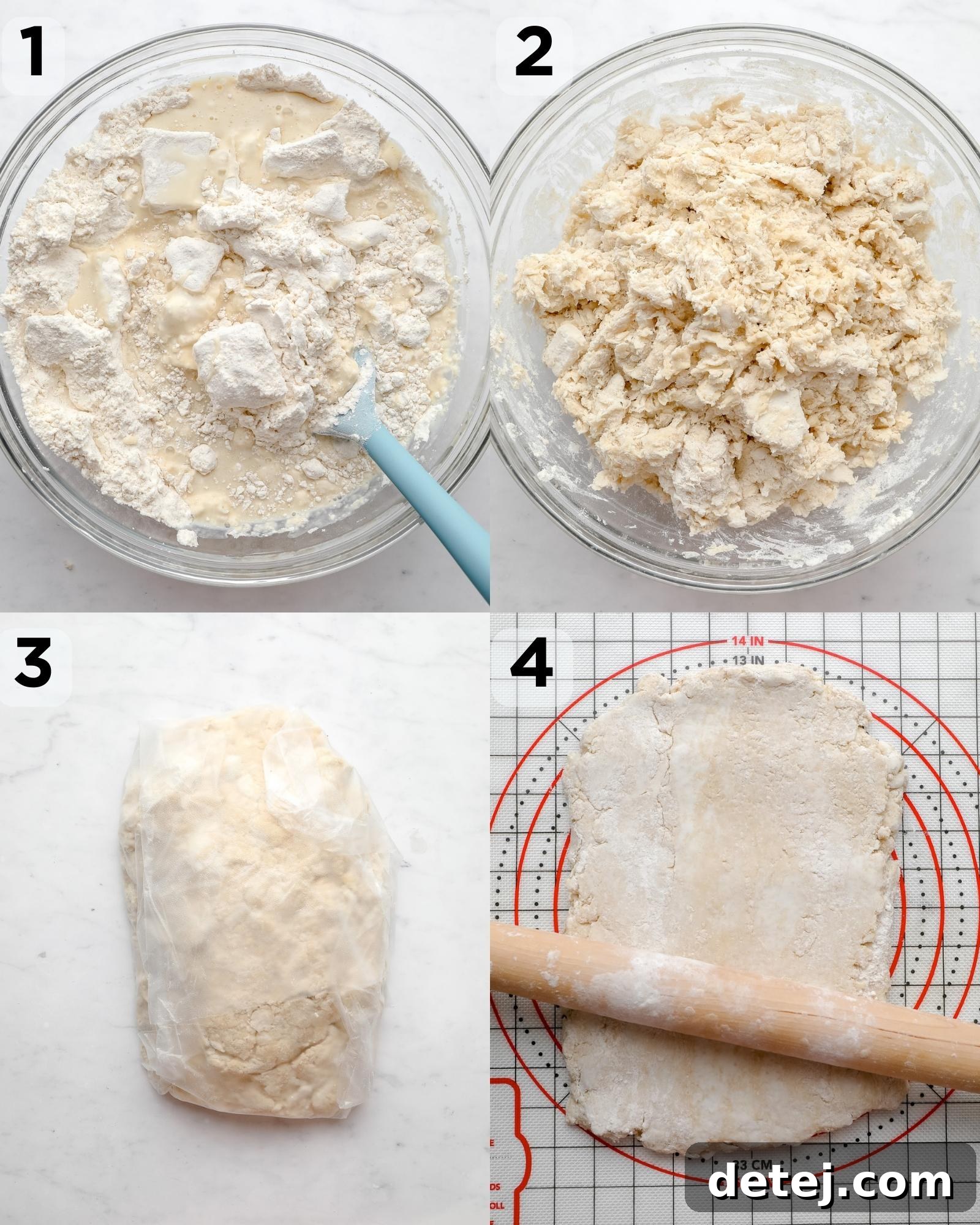 Vegan Chocolate Croissant Perfection 4 collage showing how to mix the dough for croissants, wrap it to chill then roll it out