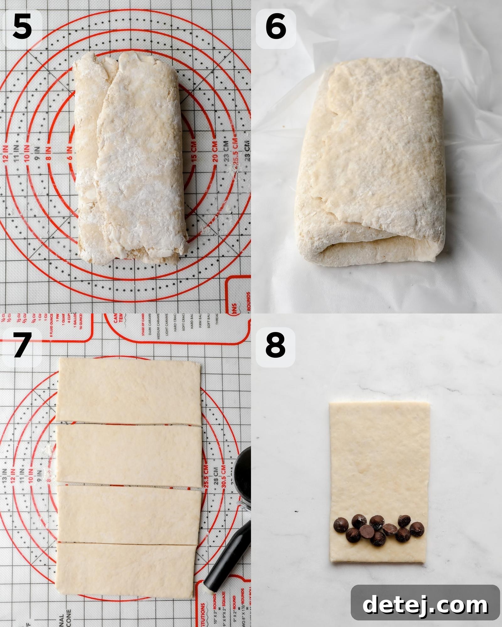 Vegan Chocolate Croissant Perfection 5 collage showing how to laminate the dough for croissants and place a line of chocolate chips on a cut piece of dough before rolling