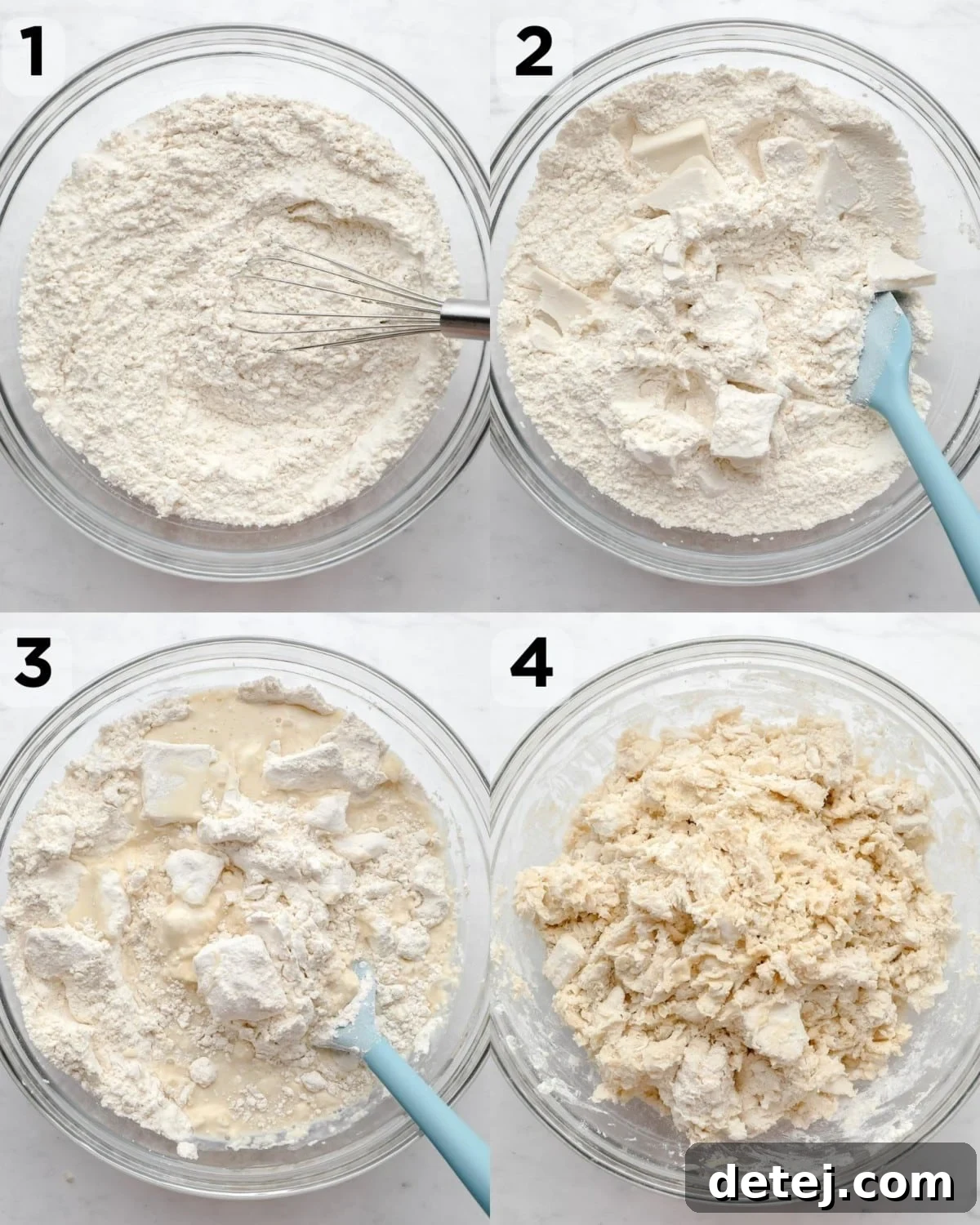 A four-panel image demonstrating the process of mixing ingredients to form vegan croissant dough, showcasing the rugged texture with butter chunks.
