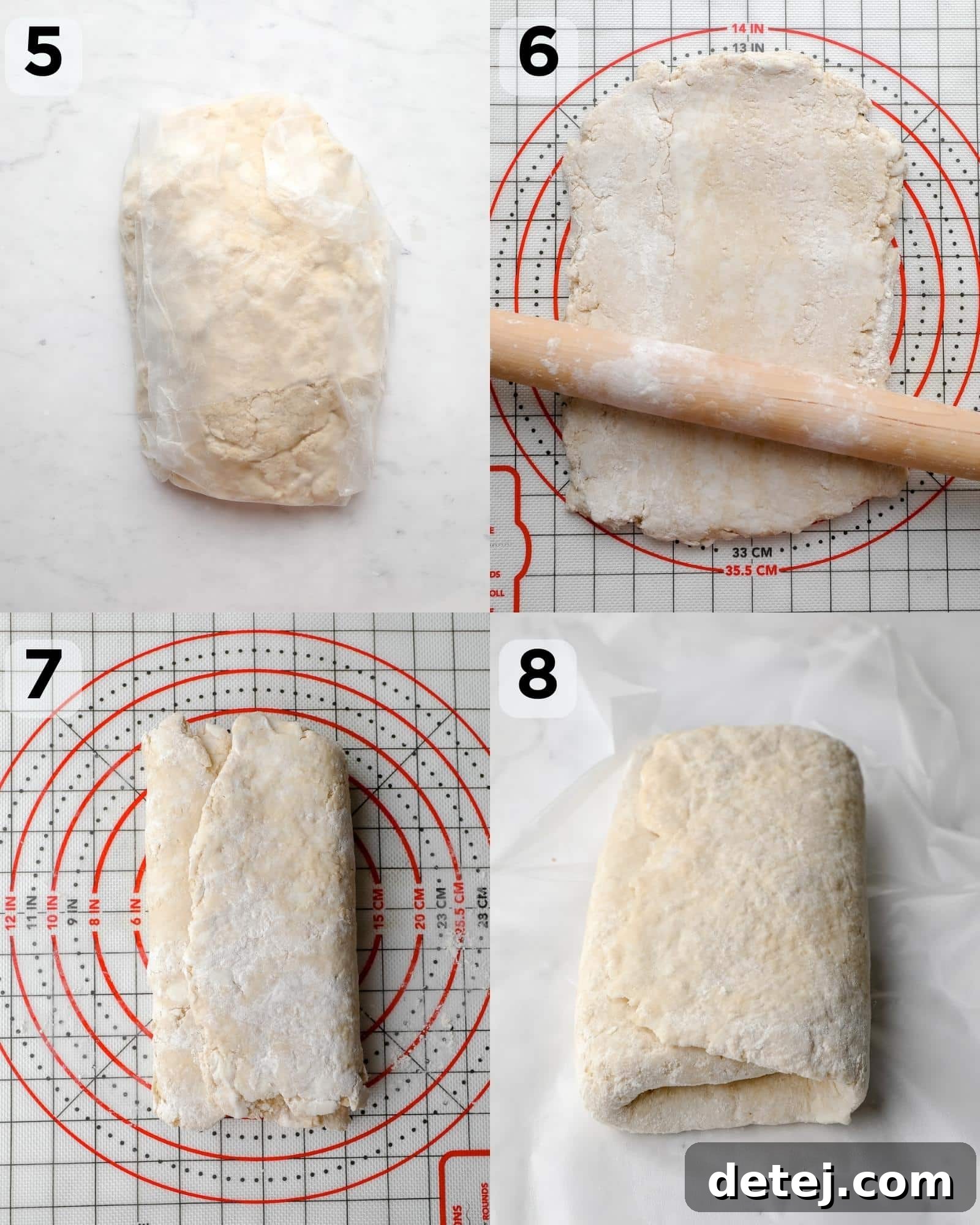 A four-panel image illustrating the intricate steps of rolling and folding vegan croissant dough to create its laminated layers.