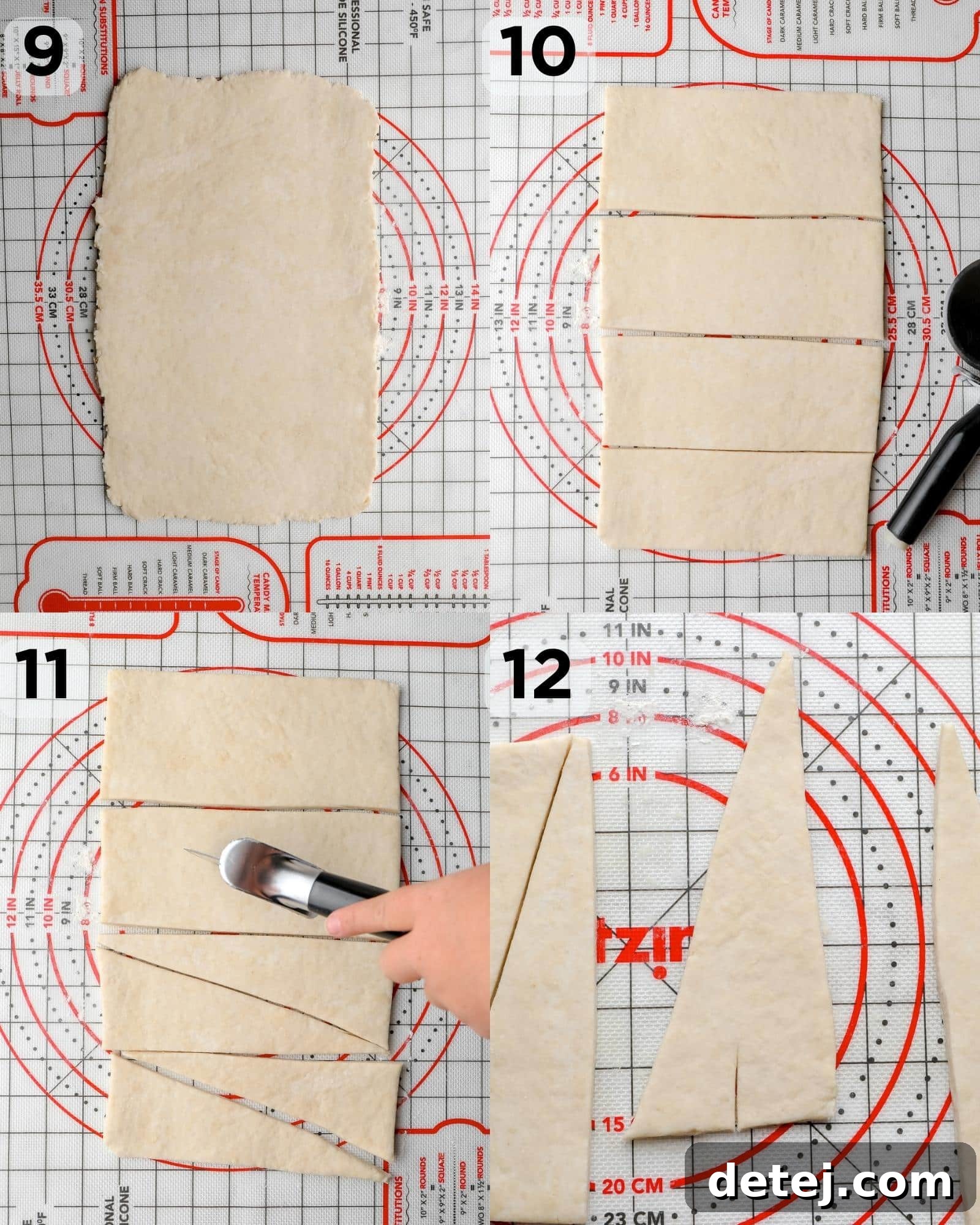 A four-panel image demonstrating the cutting of laminated dough into triangles for vegan croissants.