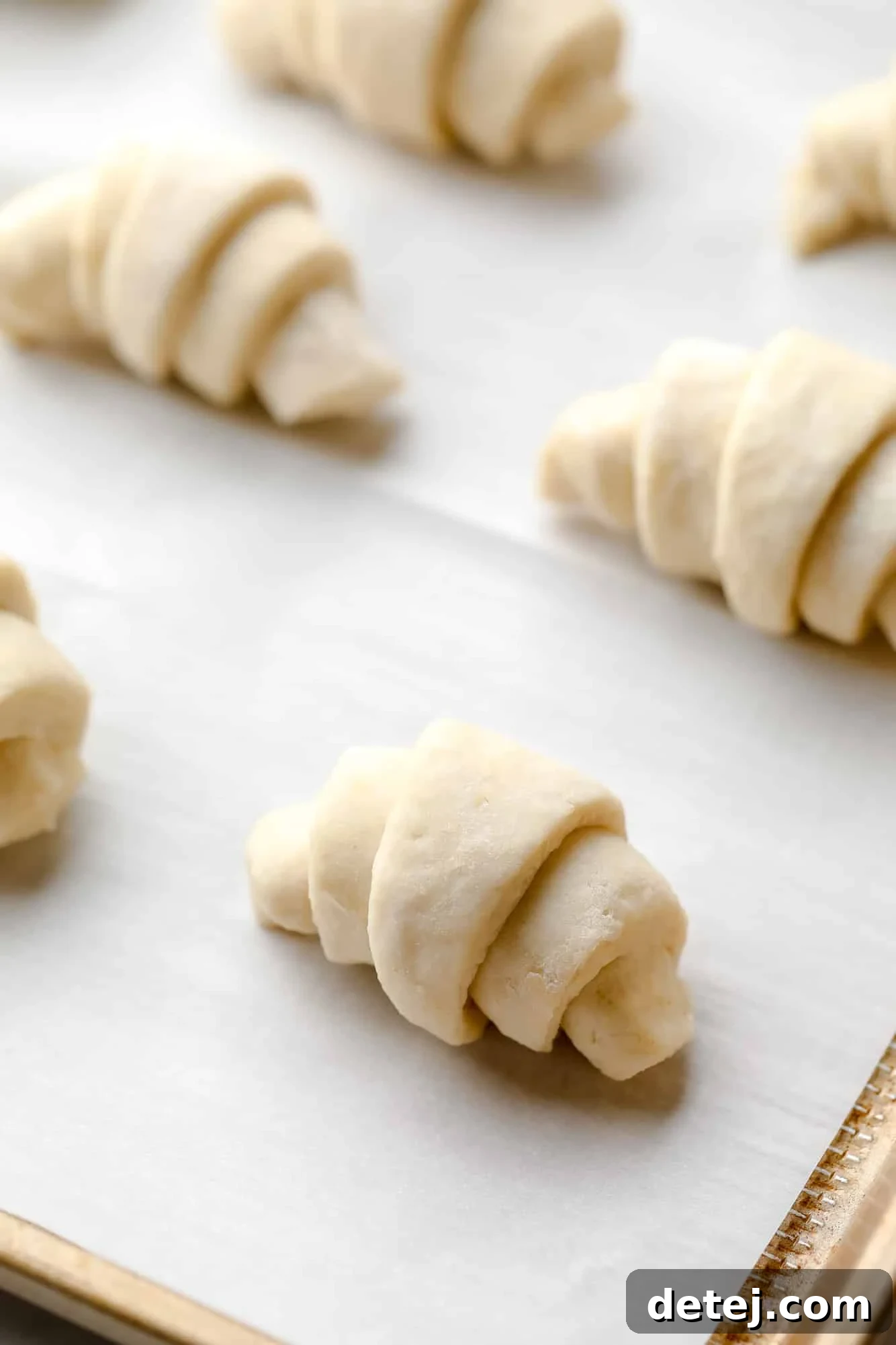 Rolled vegan crescent rolls perfectly aligned on a parchment-lined baking sheet, ready for the oven.