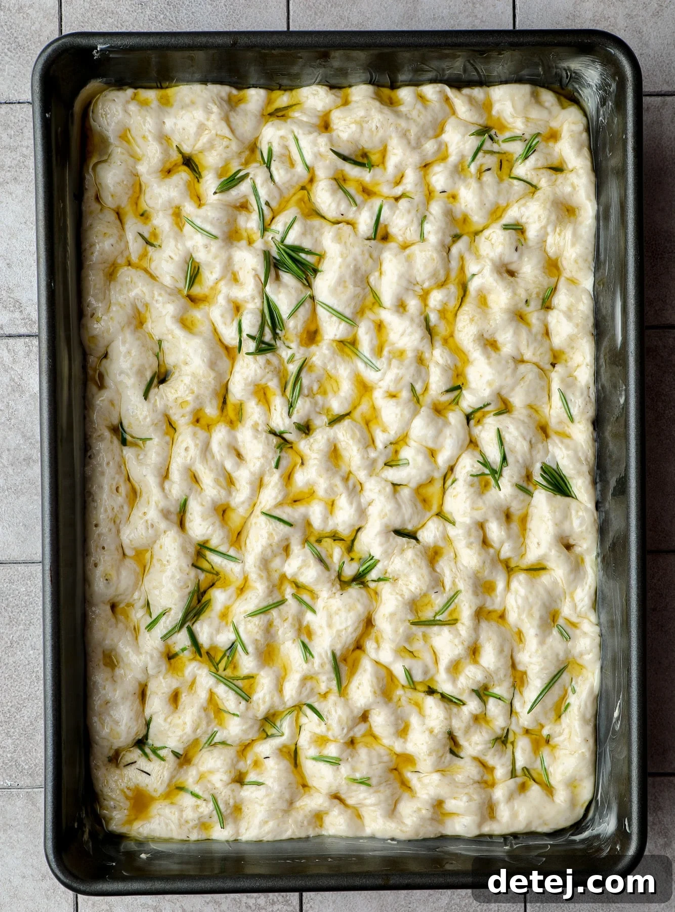 Dimpled vegan focaccia dough in a black pan, topped with fresh rosemary and olive oil, ready for baking.