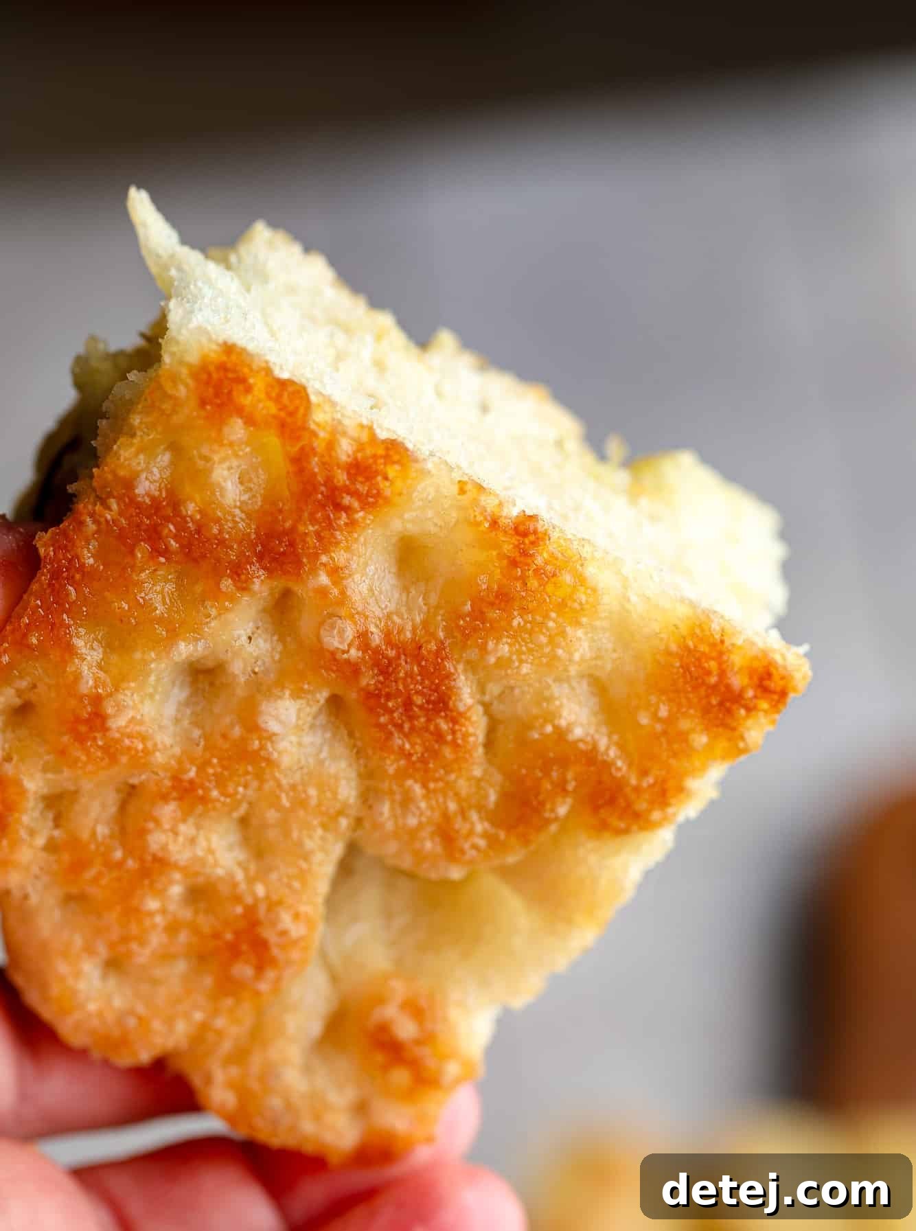 Close up on the golden crispy bottom of a slice of focaccia bread, indicating perfect baking.