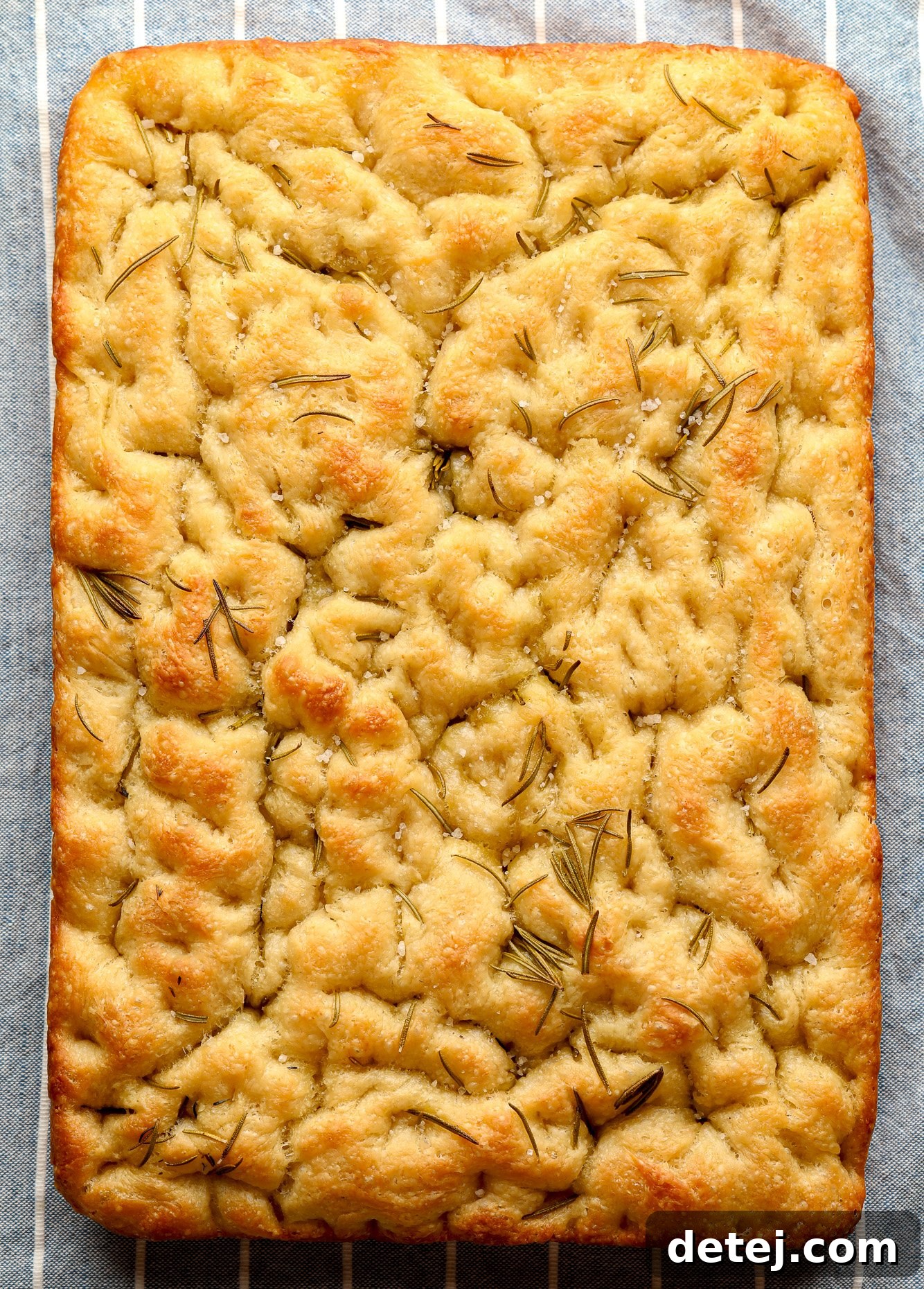 Baked vegan focaccia with fresh rosemary and flaky salt, glistening with olive oil.