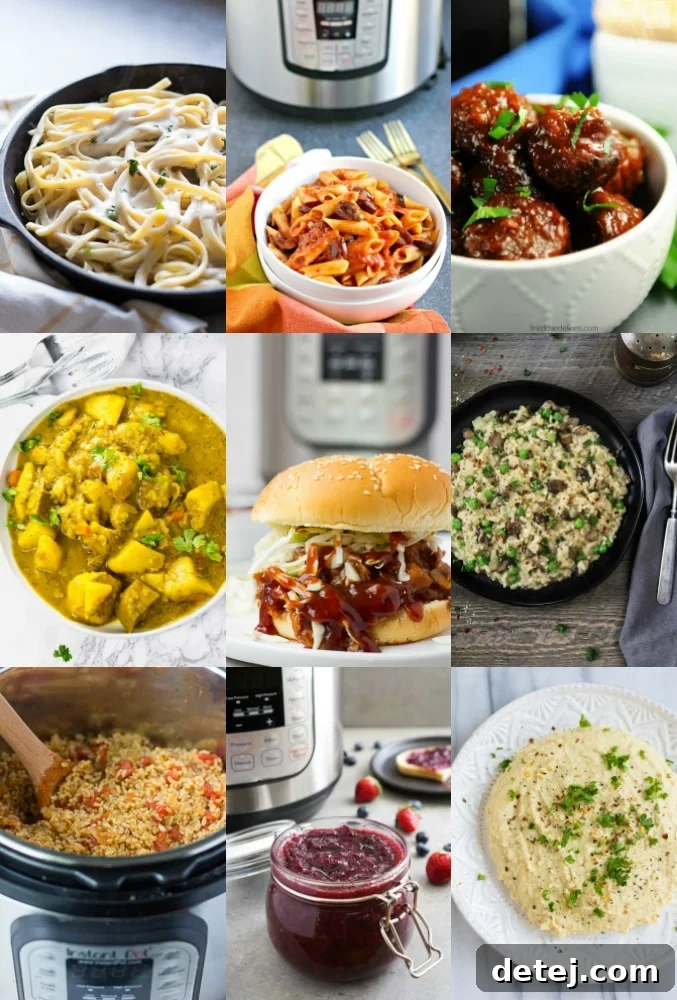 25 Effortless Vegetarian Instant Pot Creations 2 Collage of 25 diverse vegetarian and vegan Instant Pot recipes, including burritos, shepherd's pie, and curries